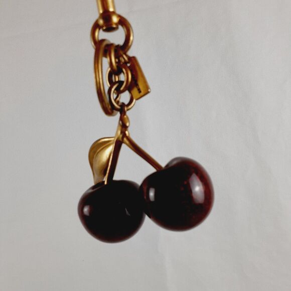 Coach Cherries Keyfob Brushed Antique Brass & Solid Resin Cherries Charm 5" - Picture 11 of 13